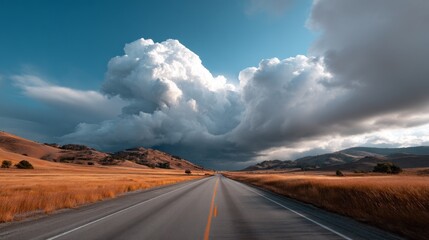 Aufkleber - Open highway stretches ahead, framed by golden grasslands and mountains. Dramatic clouds gather in the sky, hinting at changing weather during a memorable road trip