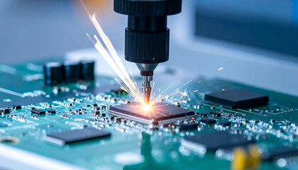 Poster - Closeup of automated machine soldering a microchip on a circuit board, creating sparks. Represents precision, innovation, technology  manufacturing.