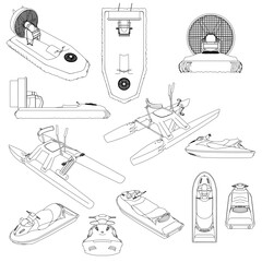 Poster - A series of drawings of various watercraft, including a jet ski, a pontoon boat, and a pontoon boat with a motor