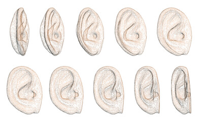 Poster - A series of images of ears, each one slightly different from the next. The images are all blurry and pixelated, giving them a somewhat abstract and dreamy quality