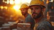 © ezen - Two construction workers at sunset, one in focus carrying bricks, the other blurred in the background