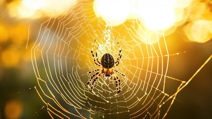An orb-weaver spider spinning a web at sunset