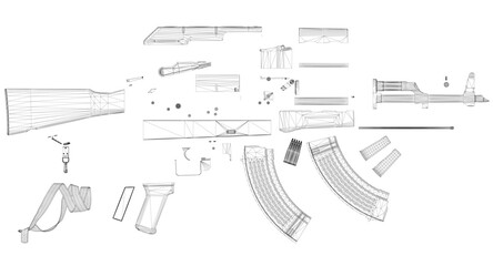 Poster - A black and white drawing of a gun with the parts. The drawing is of a rifle with a long barrel and a stock