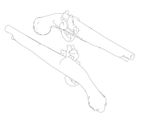 Poster - Two guns are drawn in black and white. The guns are positioned next to each other, with one pointing to the right and the other pointing to the left. Concept of tension and conflict
