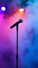 Poster - Colorful smoke swirling across illuminated stage, vibrant lighting surrounding solitary microphone standing ready for imminent performance or passionate speech