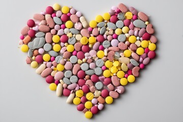 Poster - Different Shaped Tablets Arranged to Create a Human Heart Silhouette Symbolizing Health and Wellness Generative AI