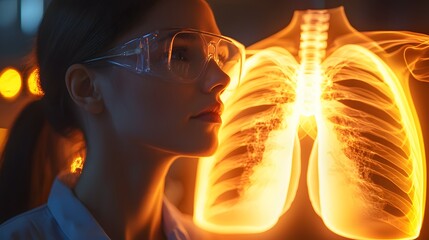 Aufkleber - Employee holding breath for lung function test under soft overhead light, relaxed atmosphere, photo-realistic