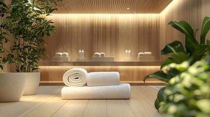 Aufkleber - Calm onboarding booth interior with folded towels, light wood surfaces, and natural plant decor, photo-realistic