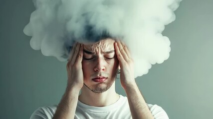 Aufkleber - Studio shot of a young man with steam coming out of his head, experiencing a severe headache, isolated on a gray background