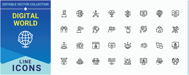 Poster - Digital World linear icon collection. Contains outline symbols like website, technology, digital, web, cyber, protection, net. Cyberspace icon set. Web icons pack. Editable vector.