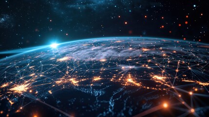 Poster - Global network, illuminated Earth, connected by digital lines