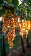 Poster - Glowing clusters of ripe grapes hang from the vine, glistening with droplets of water as the sun sets in the background, creating a warm golden atmosphere