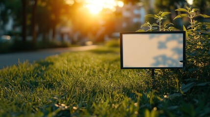 Aufkleber - During sunset, a blank sign stands on a grassy area in the park, surrounded by green foliage. Golden light shines, highlighting the natural beauty of the serene environment