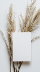 Poster - A clean, blank card rests on a light backdrop surrounded by tall, feathery pampas grass, showcasing a simple yet elegant design perfect for artistic displays or invitations