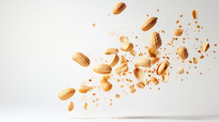 Aufkleber - Peanuts in their shells exploding and levitating against a clean white background, creating a dynamic and visually striking scene that captures attention and evokes energy