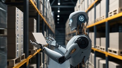 Poster - Robotic warehouse worker interacting with shelves of products
