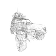 Poster - A car is shown in a black and white drawing. The car is shown in a very detailed manner. The drawing is of a vehicle that is being used for journey purposes