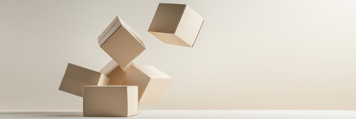 Poster - Cardboard boxes floating in empty room, cardboard boxes of various sizes levitating and tumbling in an empty room with a minimalist aesthetic, creating a surreal and intriguing scene