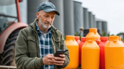 Poster - Farmer Checks Online Orders for Agricultural Supplies While Standing Next to Storage Containers on a Farm in Rural Area Generative AI