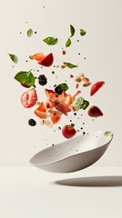 Aufkleber - Fresh strawberries, blackberries, nuts, basil leaves, and chocolate chips are suspended in mid air above a stylish ceramic bowl, creating a dynamic and appetizing scene