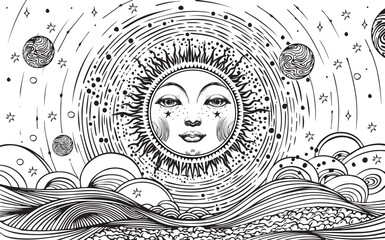 Wall Mural - Sky coloring for adults sun with face, universe with planets, stars and clouds, esoteric zodiac poster, horoscope, tarot. Vector illustration of poster.