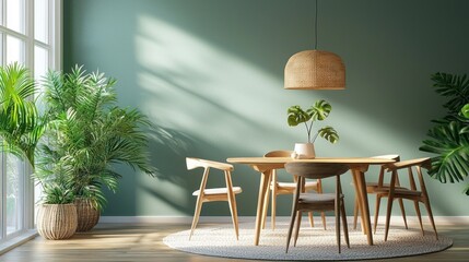 Poster - Sunlight filters through large windows, illuminating a modern dining area with a wooden table, stylish chairs, and indoor plants creating a serene atmosphere