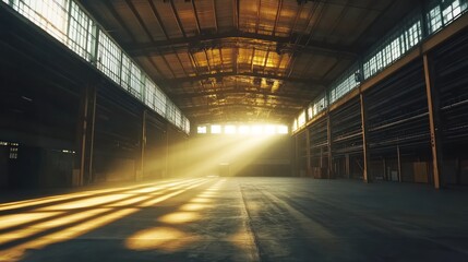 Aufkleber - Industrial warehouse interior bathed in golden sunlight