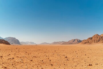 arid desert landscape with distant mountains under a clear blue sky, vast, textured terrain