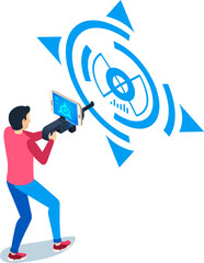 Poster - Man using a smartphone attached to a futuristic controller pointing at a digital target, experiencing interacting with augmented reality mobile app