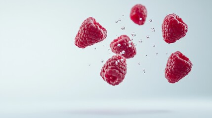 Aufkleber - Several ripe red raspberries are suspended in clear water, surrounded by tiny air bubbles, creating a refreshing and vibrant image with a clean aesthetic