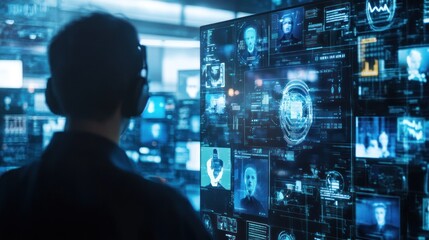 Aufkleber - Person observing large interactive display with numerous data streams, faces and complex visual data
