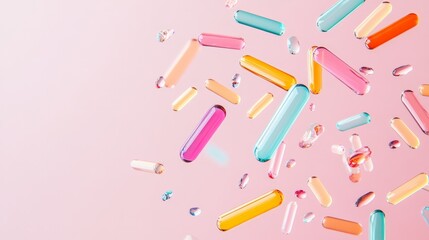 Poster - Colorful transparent capsules levitate against a vibrant pink backdrop, creating a visually appealing concept related to health, wellness, and pharmaceuticals
