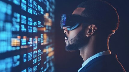 Poster - man wearing vr headset interacting with digital data