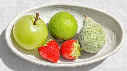 Poster - A vibrant arrangement of fresh fruits in a ceramic dish on a linen surface