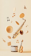 Poster - Saxophone, violin, drum and musical notes floating on pastel yellow background, creating a surreal and artistic representation of music and sound