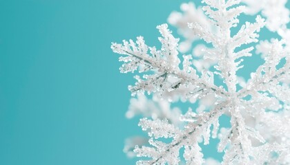 a close up of an intricate white snowflake on a serene, blue background. winter