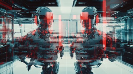 Aufkleber - Futuristic robotic figures in a mirrored industrial space