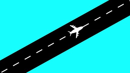 Poster - Airplane On Runway Graphic With Turquoise Background. Airplane On Runway Gaining Speed Preparing For Takeoff Into Clear Blue Sky.