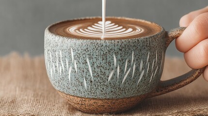 Poster - Beautiful latte art being poured into a rustic ceramic mug on a burlap cloth.