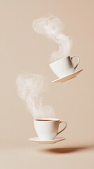 Poster - Two white porcelain cups, one filled with a dark brown liquid and the other empty, levitate on saucers with swirling steam rising from them against a warm beige backdrop