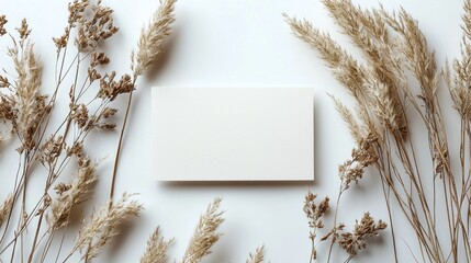 Poster - Savory, dry grasses are arranged around a blank card resting on a smooth light surface. This composition evokes a calm and elegant feel, ideal for creative uses or personal messages