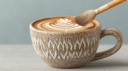 Poster - Close-up of coffee art being created with a brush in a ceramic mug.