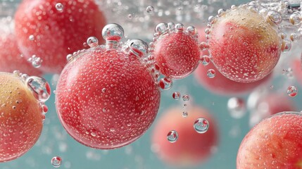 Poster - Close-up of red plums submerged in sparkling water with bubbles and reflections