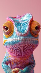 Aufkleber - A striking chameleon with bright blue, orange, and pink scales is centrally positioned against a pastel pink backdrop, showcasing its unique and intricate patterns and textures