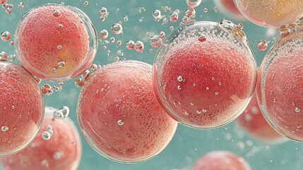 Poster - Close-up view of red fruit spheres encased in bubbles against a teal background