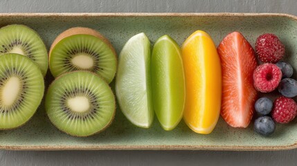 Poster - Colorful and fresh arrangement of assorted fruits on a rectangular plate.