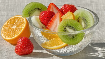 Poster - Colorful fruit salad in a glass bowl with orange, kiwi, and strawberries arranged