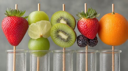 Poster - Colorful fruit skewers arranged in glass containers against a neutral background
