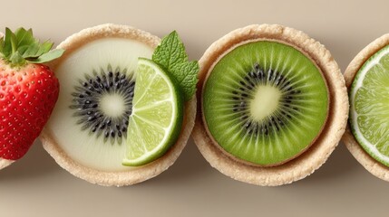 Poster - Colorful fruit tarts arranged on a neutral background, a delicious dessert concept