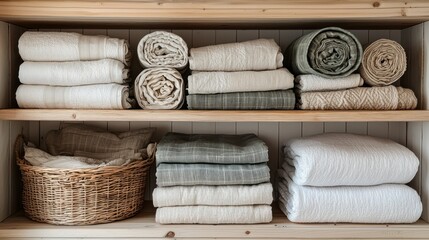 Poster - Neatly folded textiles in various shades of cream and gray are organized on wooden shelves, creating a warm and inviting atmosphere in a minimalist home space